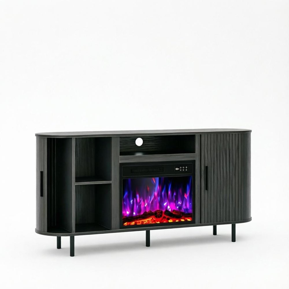 Black Wood Fireplace TV Stand with Fireplace - 65-inch