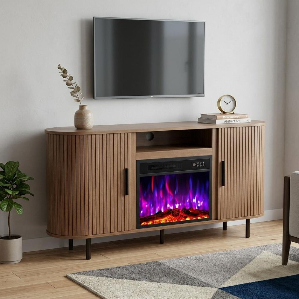 Brown Wood Fireplace TV Stand with Fireplace - 65-inch