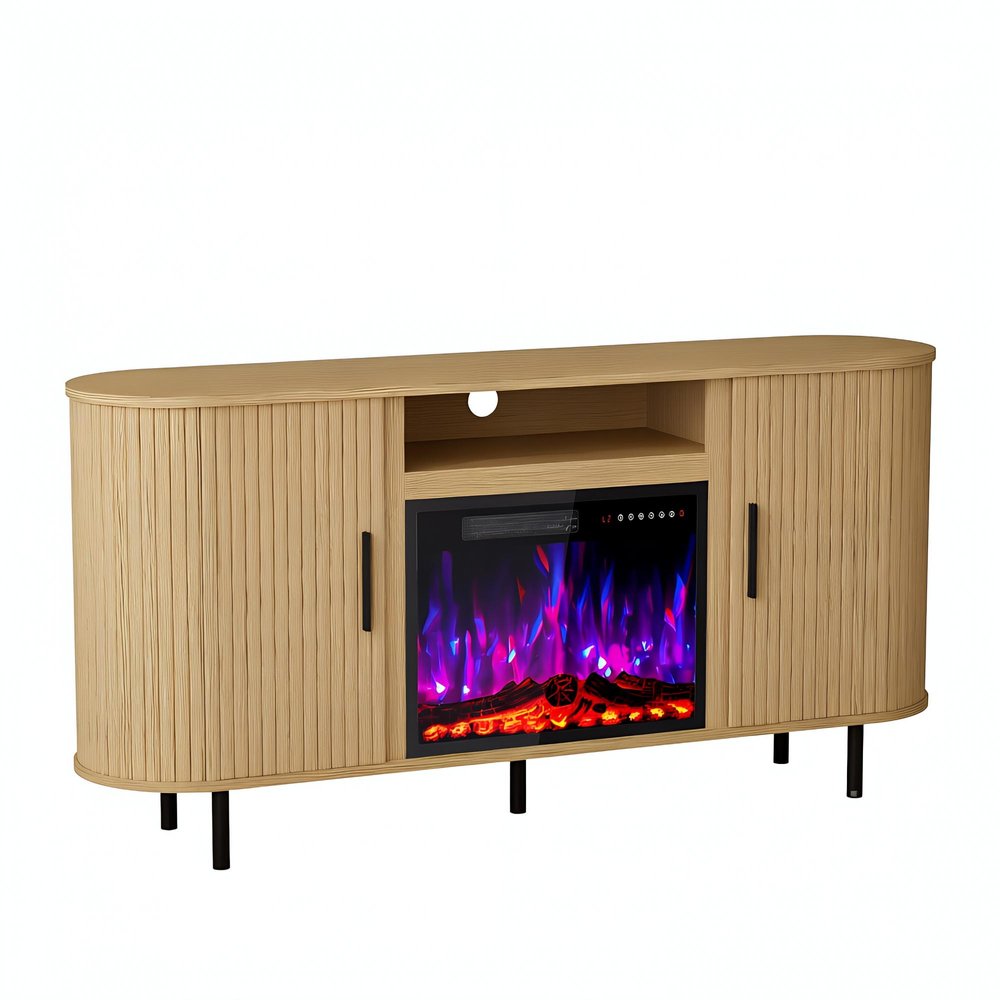 Beige Wood Fireplace TV Stand with Fireplace - 65-inch