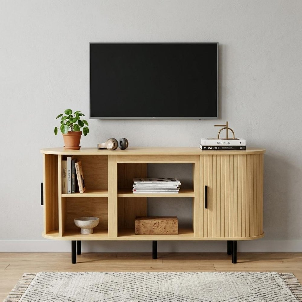 Beige Wood Fireplace TV Stand with Fireplace - 55-inch
