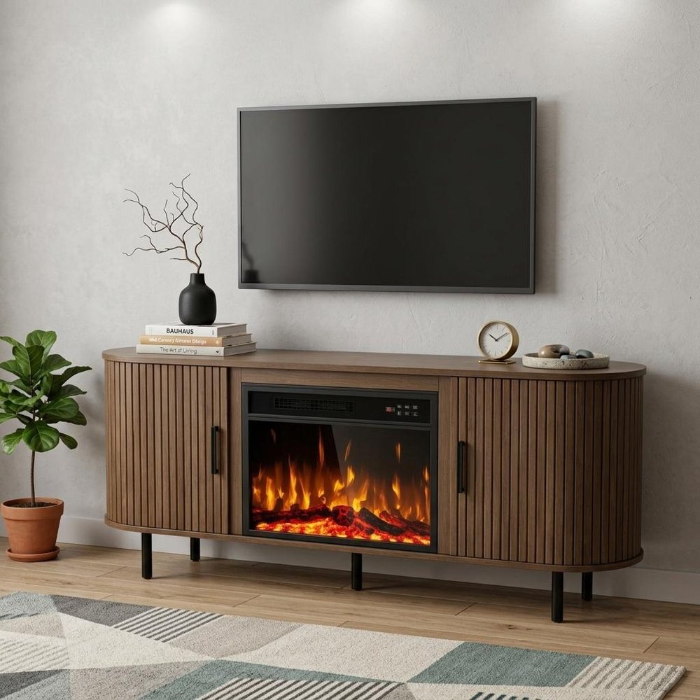 Brown Wood Fireplace TV Stand with Fireplace - 65-inch