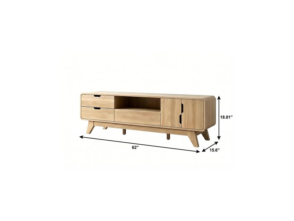 Beige Wood Enclosed and Open Storage TV Stand with Fireplace - 62-inch