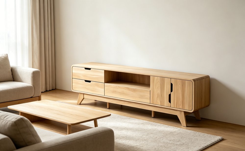 Beige Wood Enclosed and Open Storage TV Stand with Fireplace - 62-inch