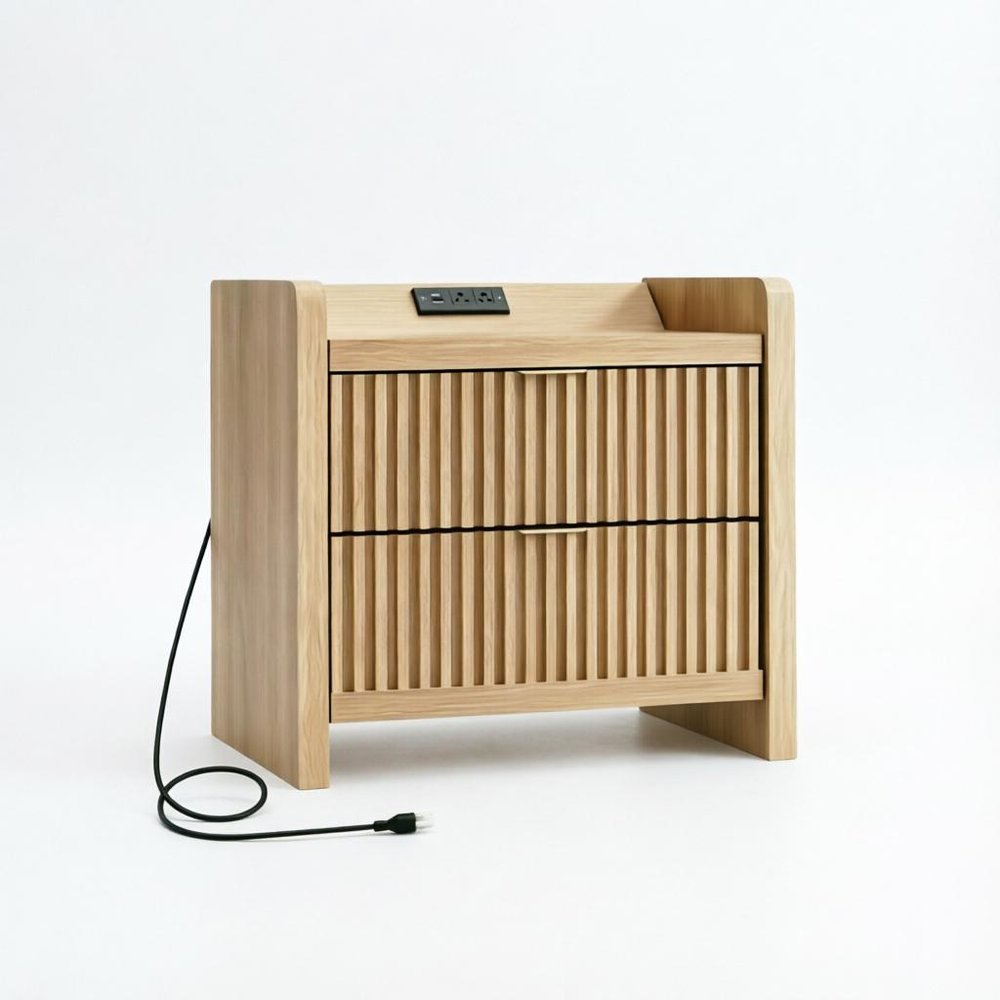 Natural Wood Ribbed Texture and Mirrored Glass Two Drawer Nightstand - 22-inch
