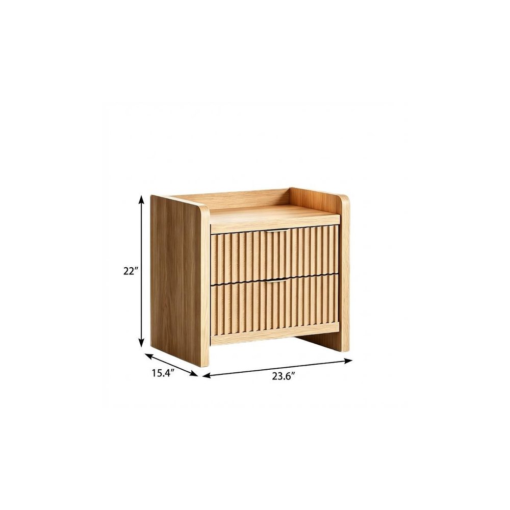 Natural Wood Ribbed Texture and Mirrored Glass Two Drawer Nightstand - 22-inch