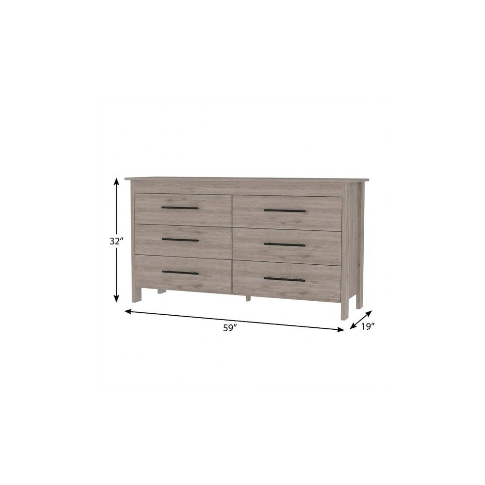 Light Gray Wood Six Drawer Double Dresser - 59-inch