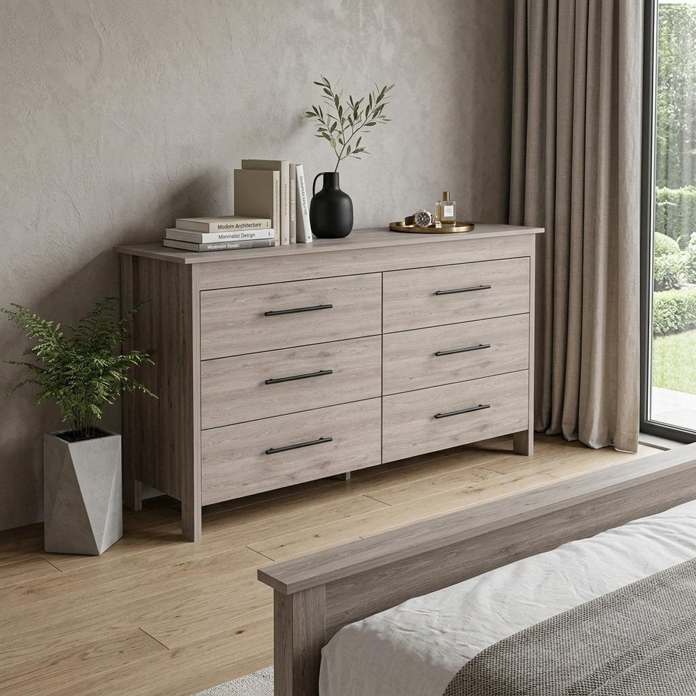 Light Gray Wood Six Drawer Double Dresser - 59-inch