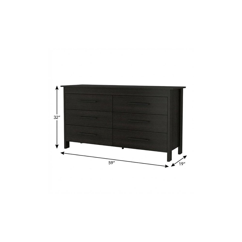 Black Wood Six Drawer Double Dresser - 59-inch