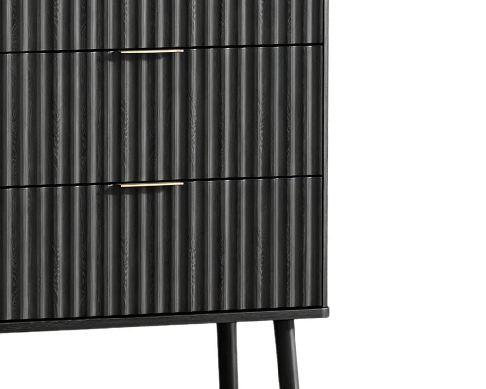 Black Wood Ribbed Texture Three Drawer Nightstand with USB Port - 30-inch