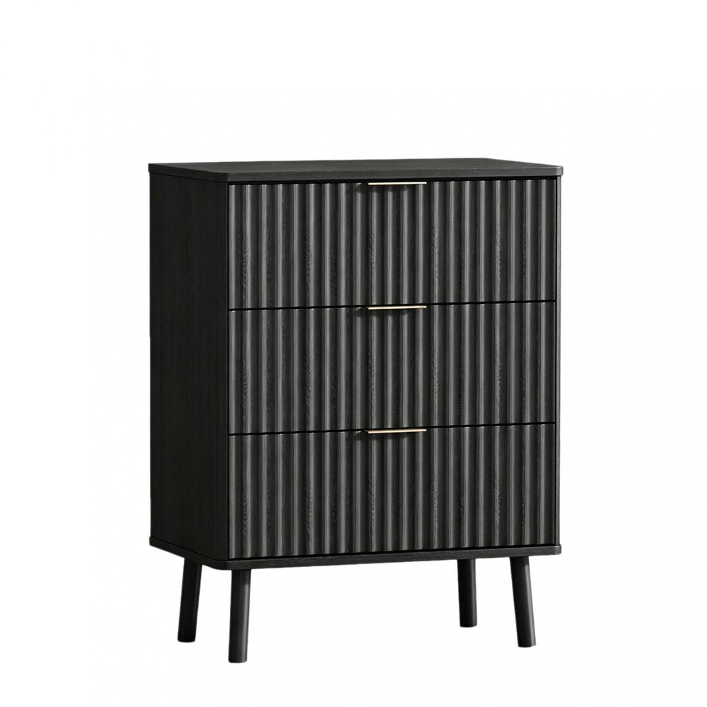 Black Wood Ribbed Texture Three Drawer Nightstand with USB Port - 30-inch