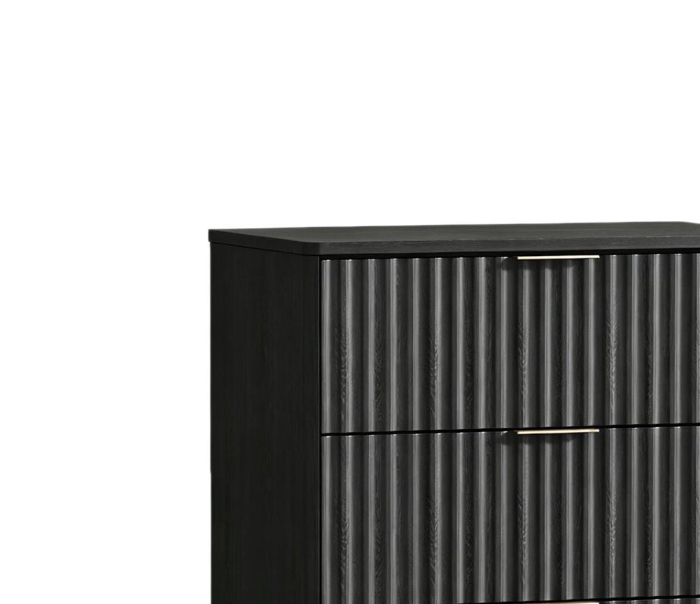 Black Wood Ribbed Texture Three Drawer Nightstand with USB Port - 30-inch