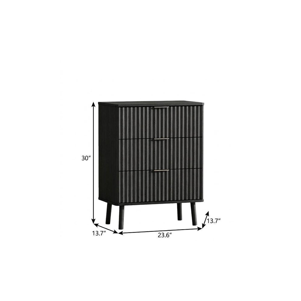 Black Wood Ribbed Texture Three Drawer Nightstand with USB Port - 30-inch