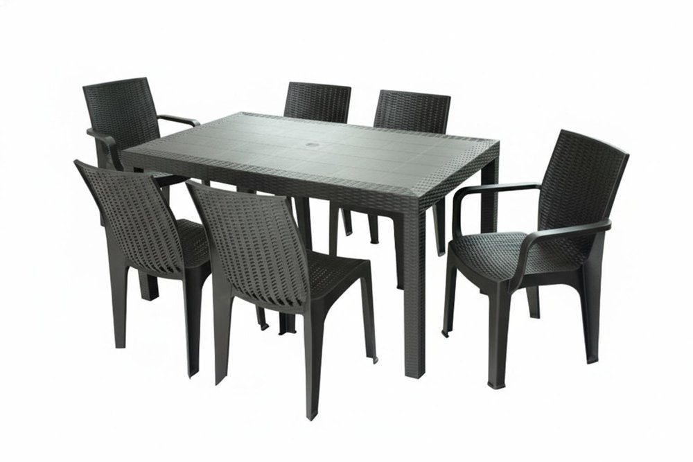 Seven Piece Brown Plastic Outdoor Patio Set with Table