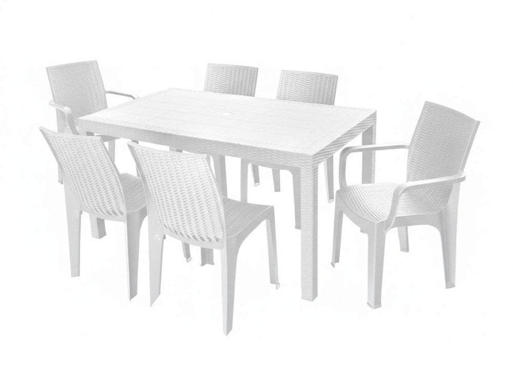 Seven Piece White Plastic Outdoor Patio Set with Table