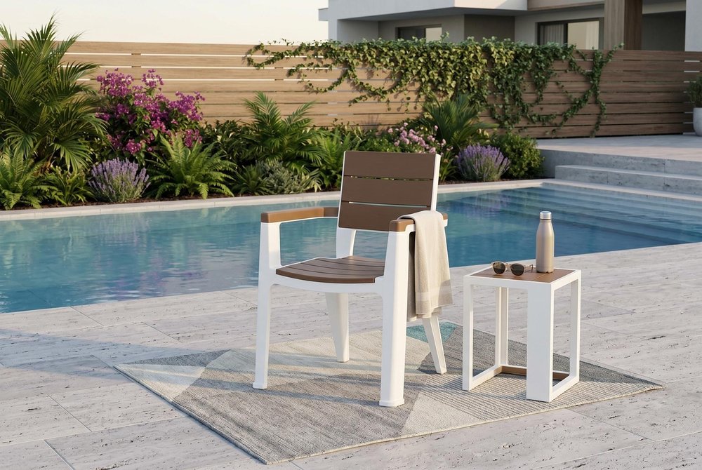 Nine Piece Brown Plastic Outdoor Patio Set with Table
