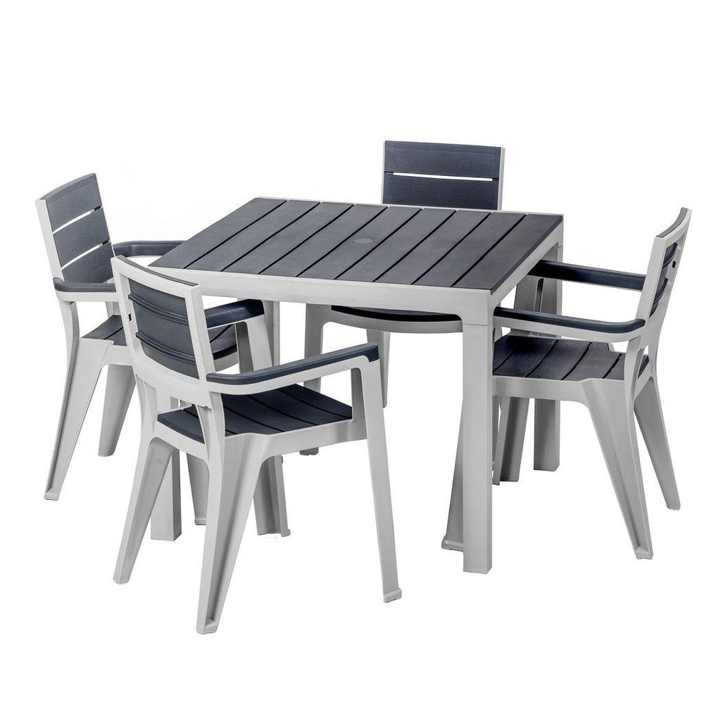 Five Piece Gray Plastic Outdoor Patio Set with Table