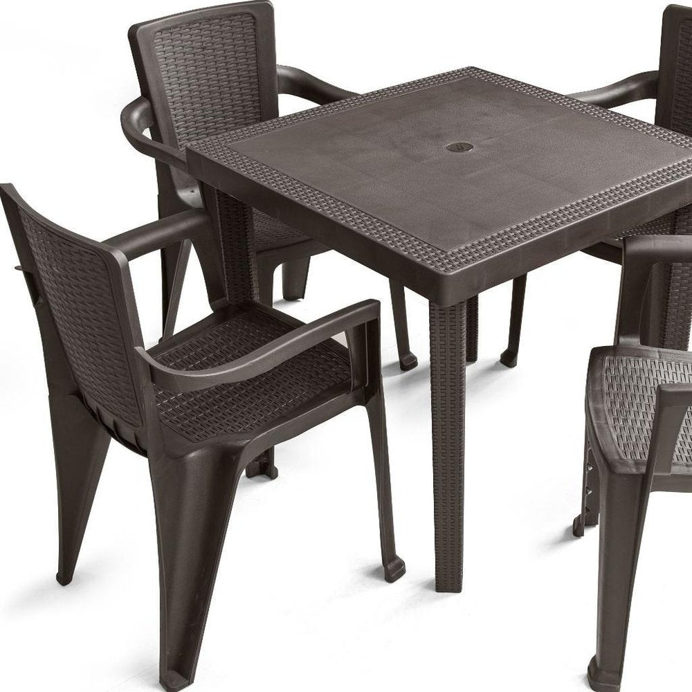 Five Piece Brown Plastic Outdoor Patio Set with Table