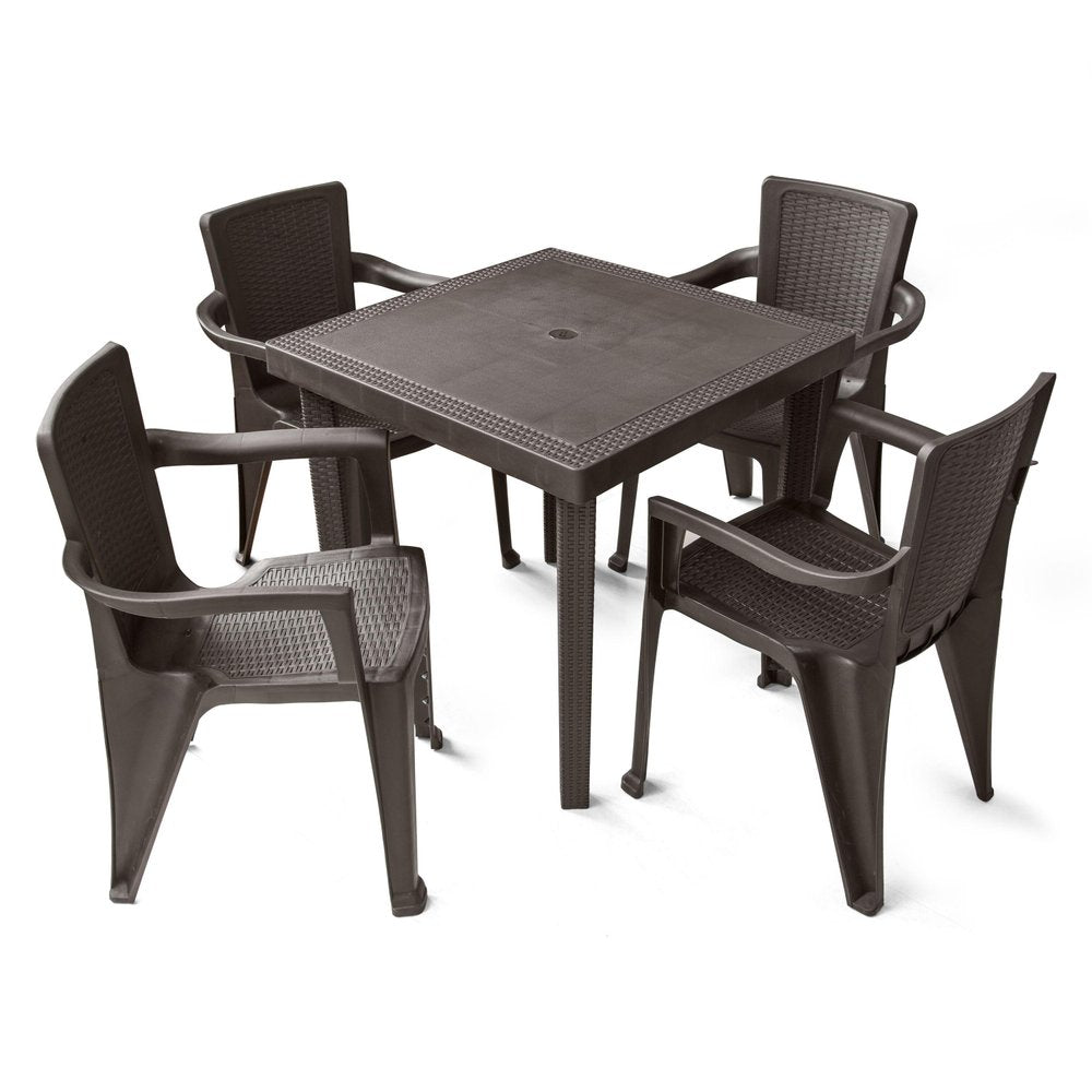 Five Piece Brown Plastic Outdoor Patio Set with Table