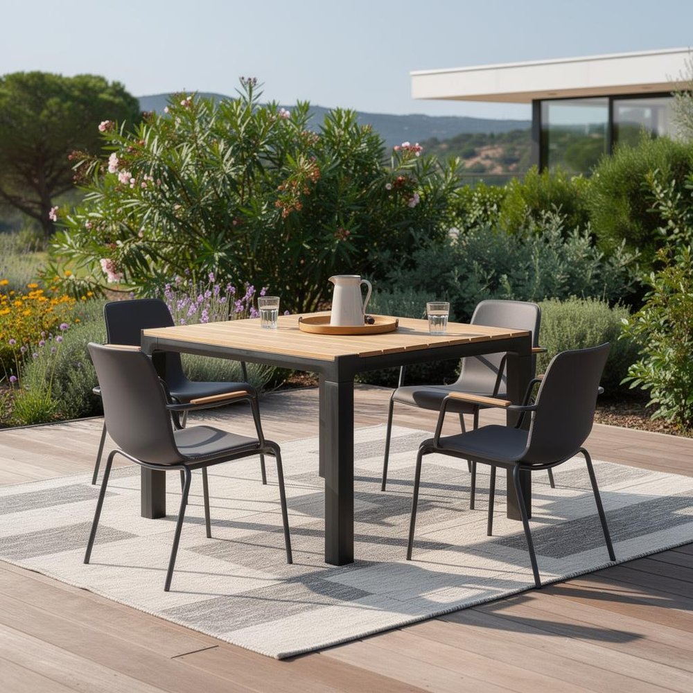Black Heavy Duty Plastic Square Outdoor Dining Table with Umbrella Hole