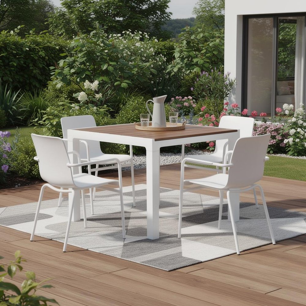White Heavy Duty Plastic Square Outdoor Dining Table with Umbrella Hole