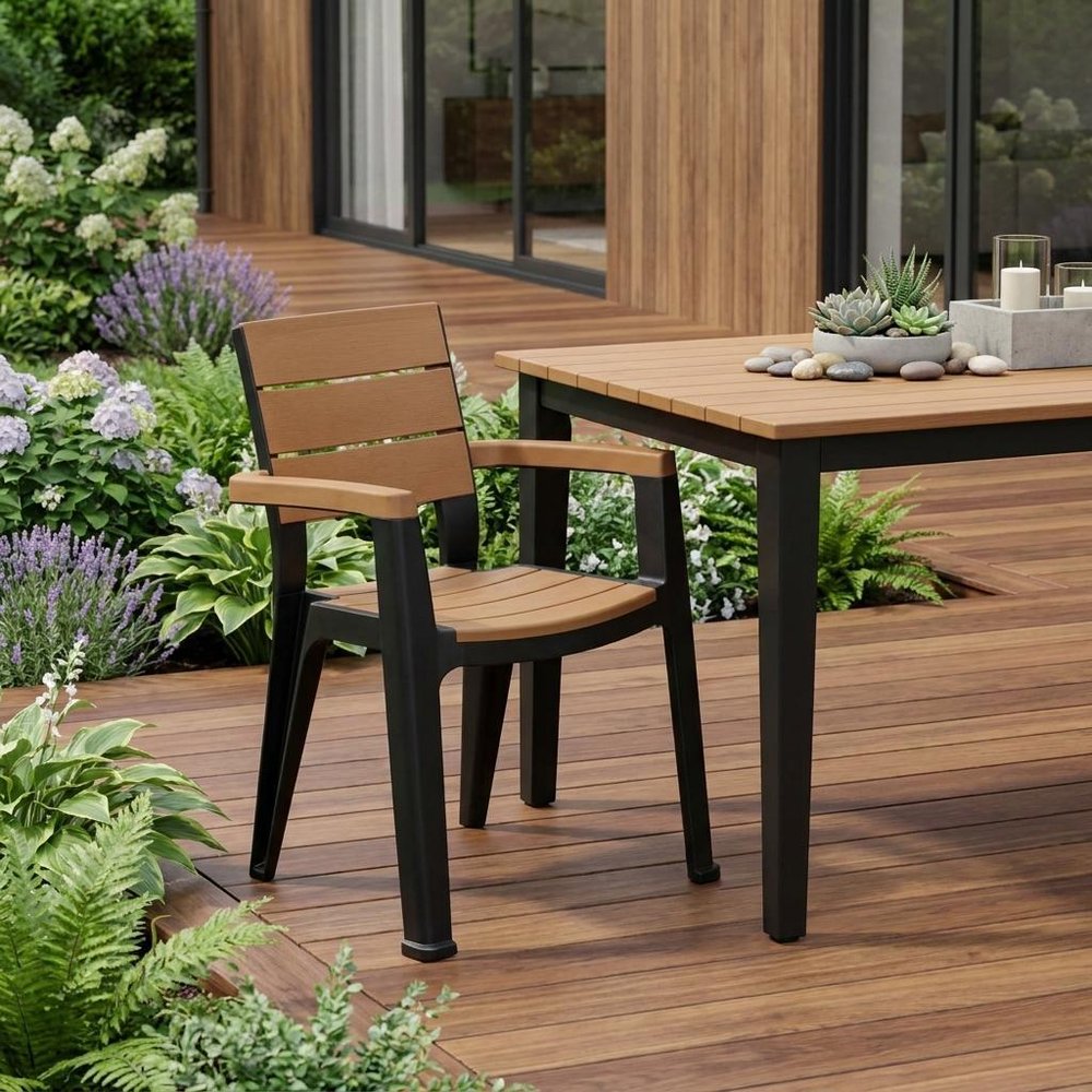 Set of Four Black Textured Heavy Duty Plastic Outdoor Stacking Arm Chairs