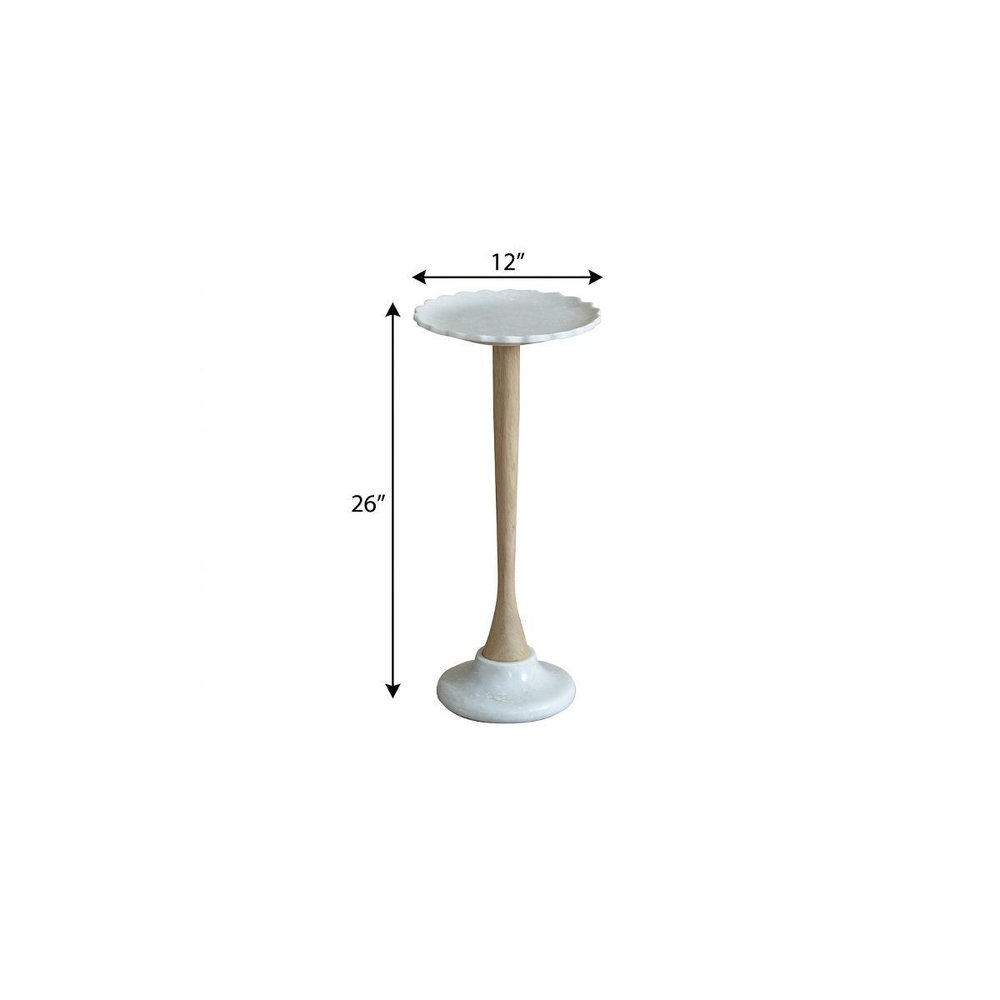 White and Brown Marble and Solid Wood Round Pedestal End Table