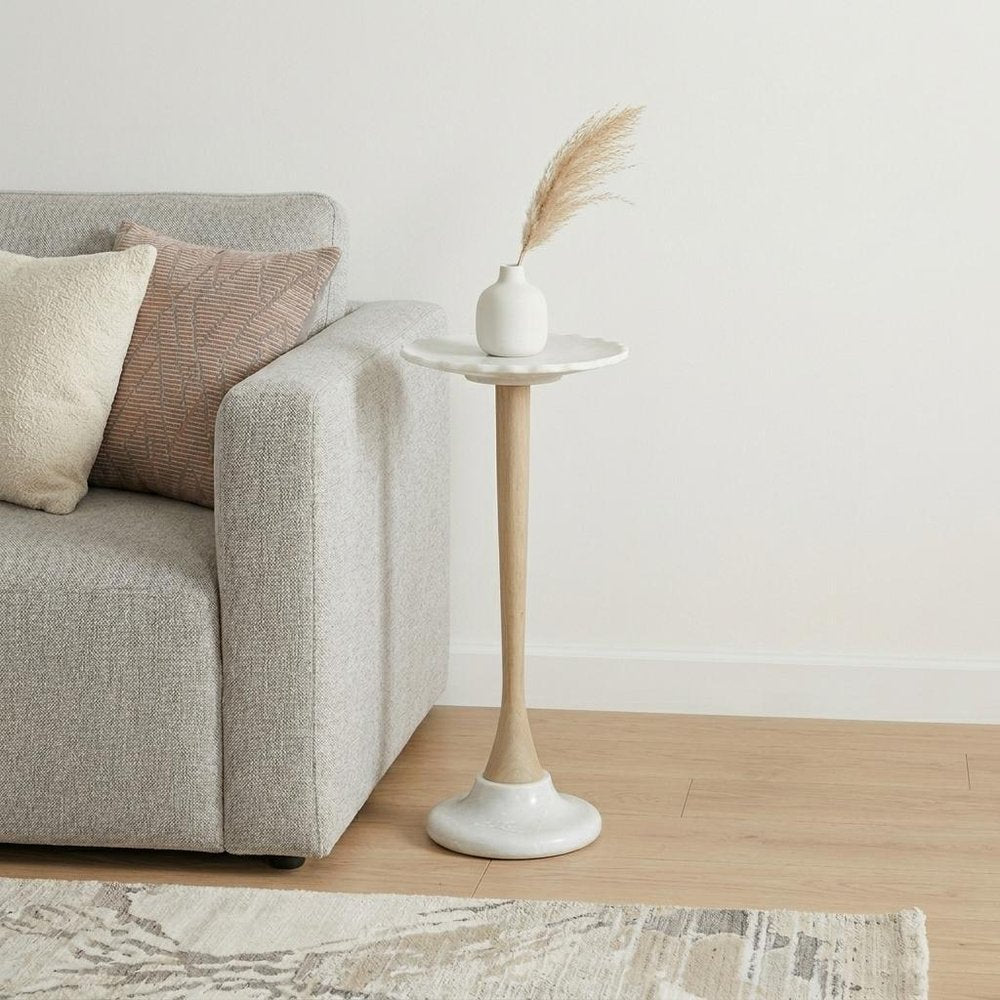 White and Brown Marble and Solid Wood Round Pedestal End Table