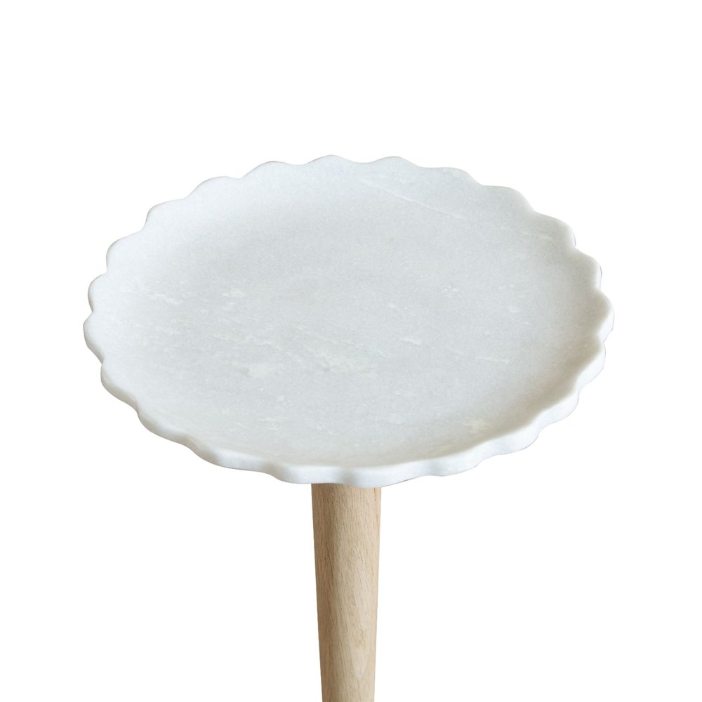 White and Brown Marble and Solid Wood Round Pedestal End Table