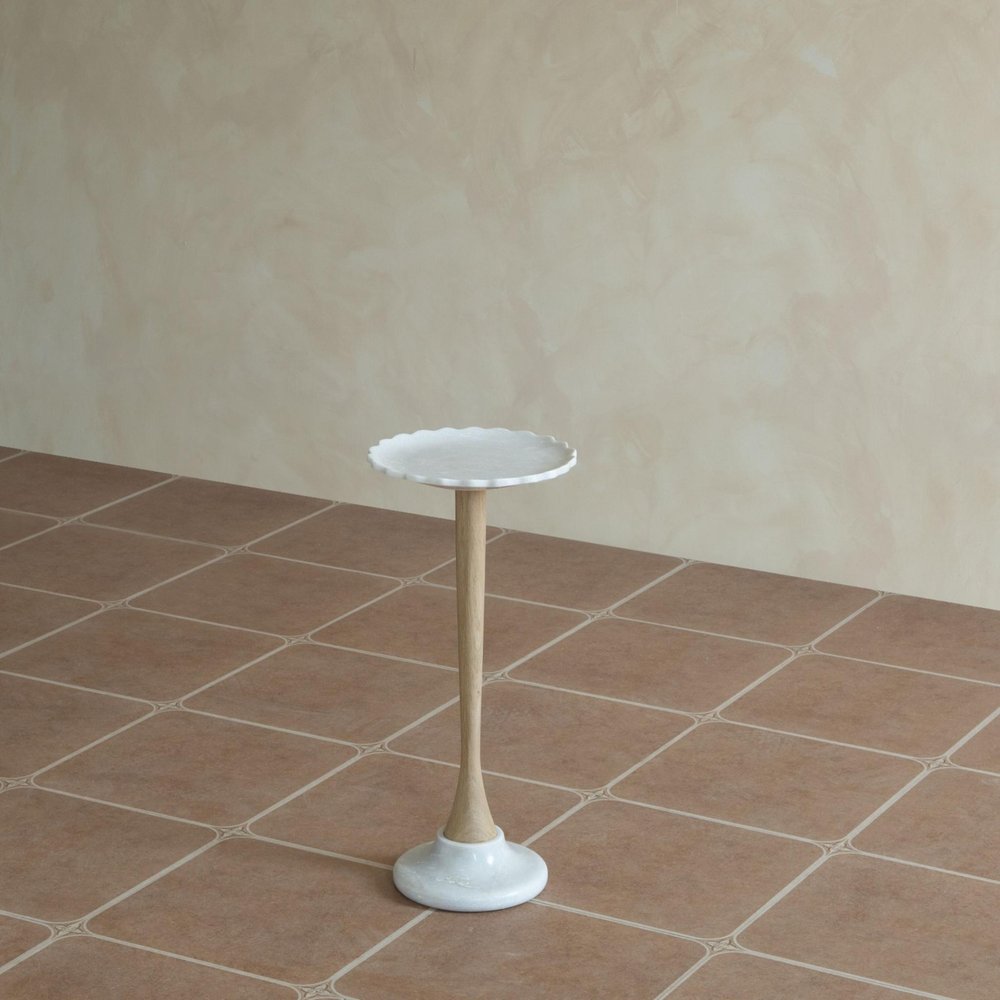 White and Brown Marble and Solid Wood Round Pedestal End Table