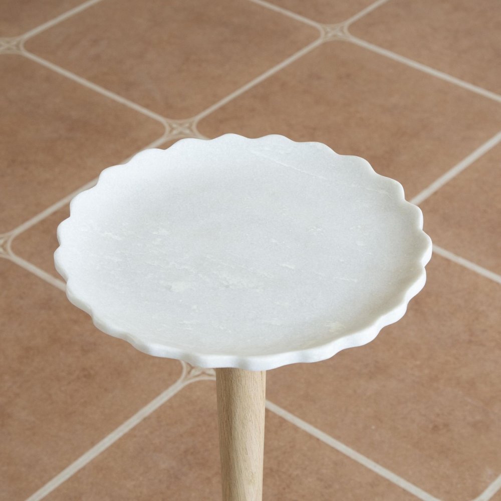 White and Brown Marble and Solid Wood Round Pedestal End Table