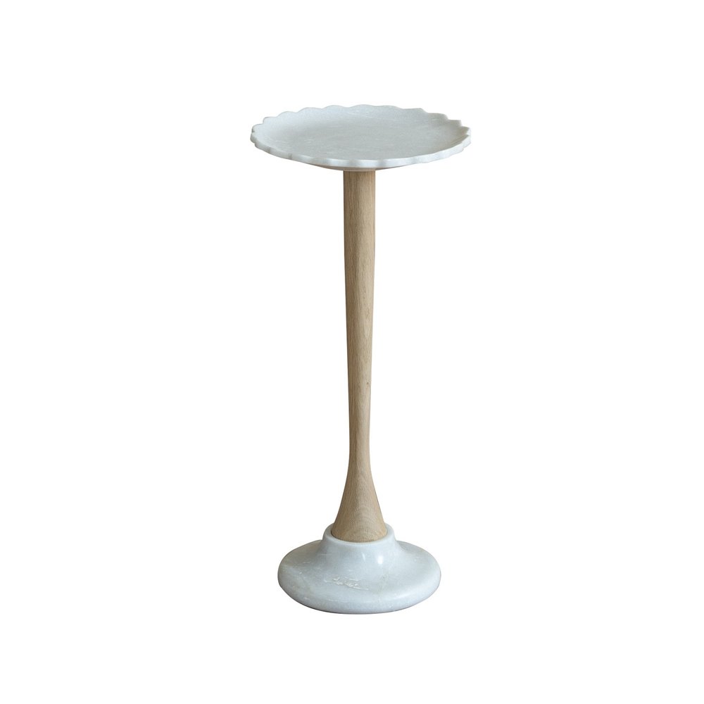 White and Brown Marble and Solid Wood Round Pedestal End Table