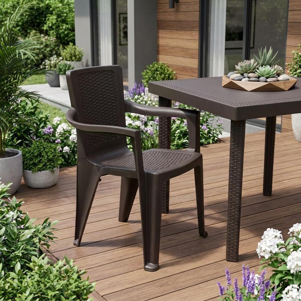 Set of Four Espresso Textured Heavy Duty Plastic Outdoor Stacking Arm Chairs