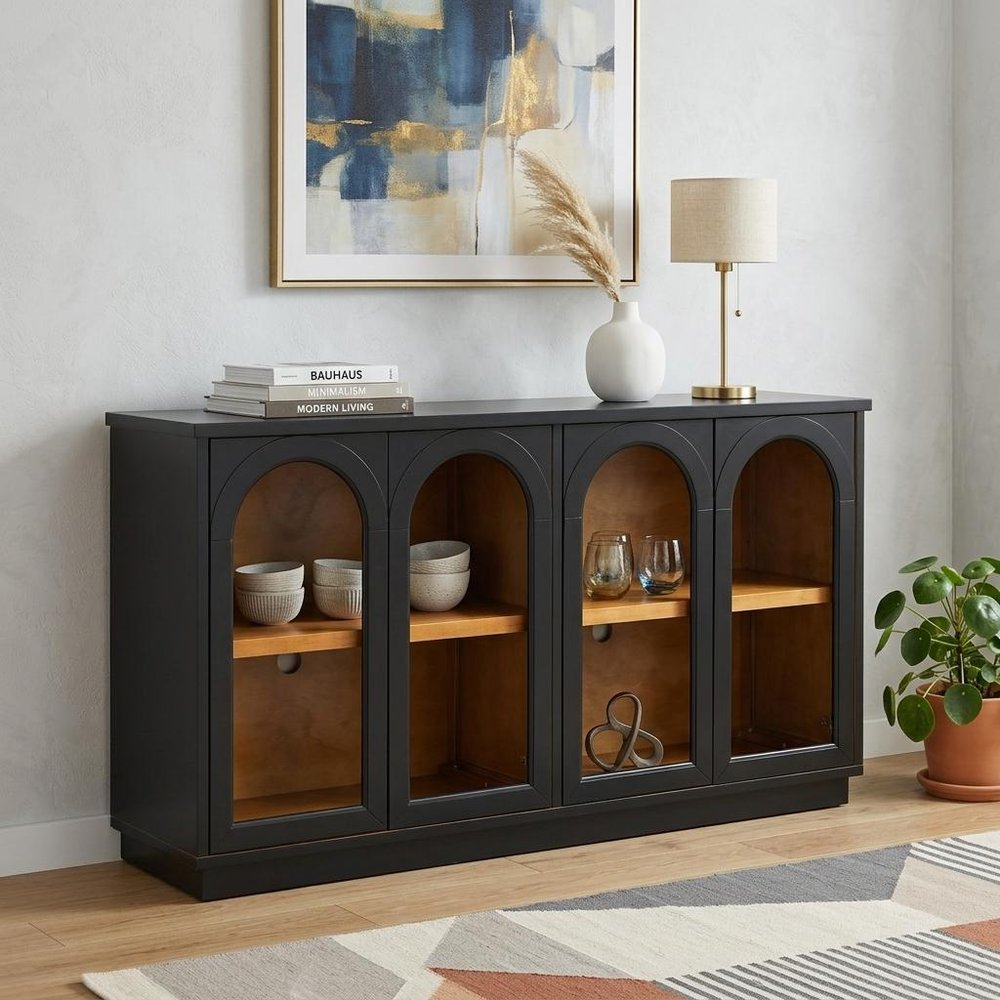 Black Wood Buffet Table with Four Glass Doors - 58-inch