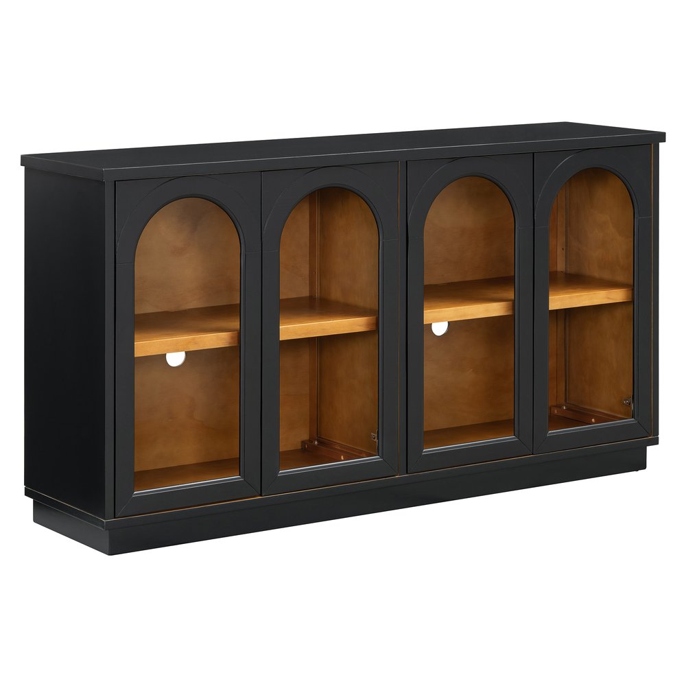 Black Wood Buffet Table with Four Glass Doors - 58-inch