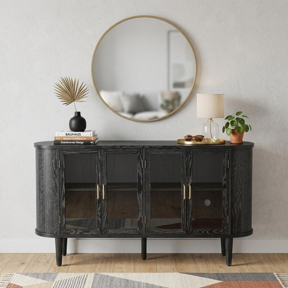 Black Wood Buffet Table with Four Glass Doors - 60-inch