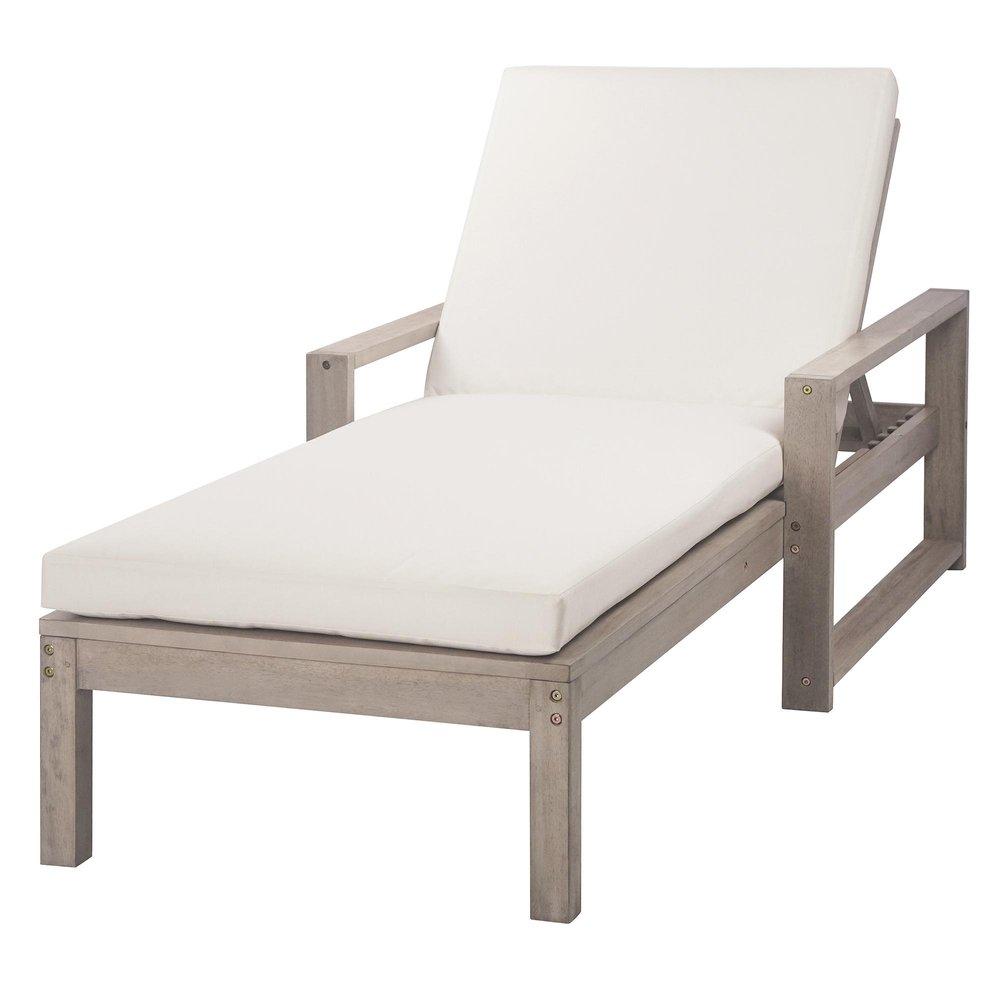 Gray Solid and Manufactured Wood Five Position Adjustable Outdoor Chaise Lounge with White Cushion