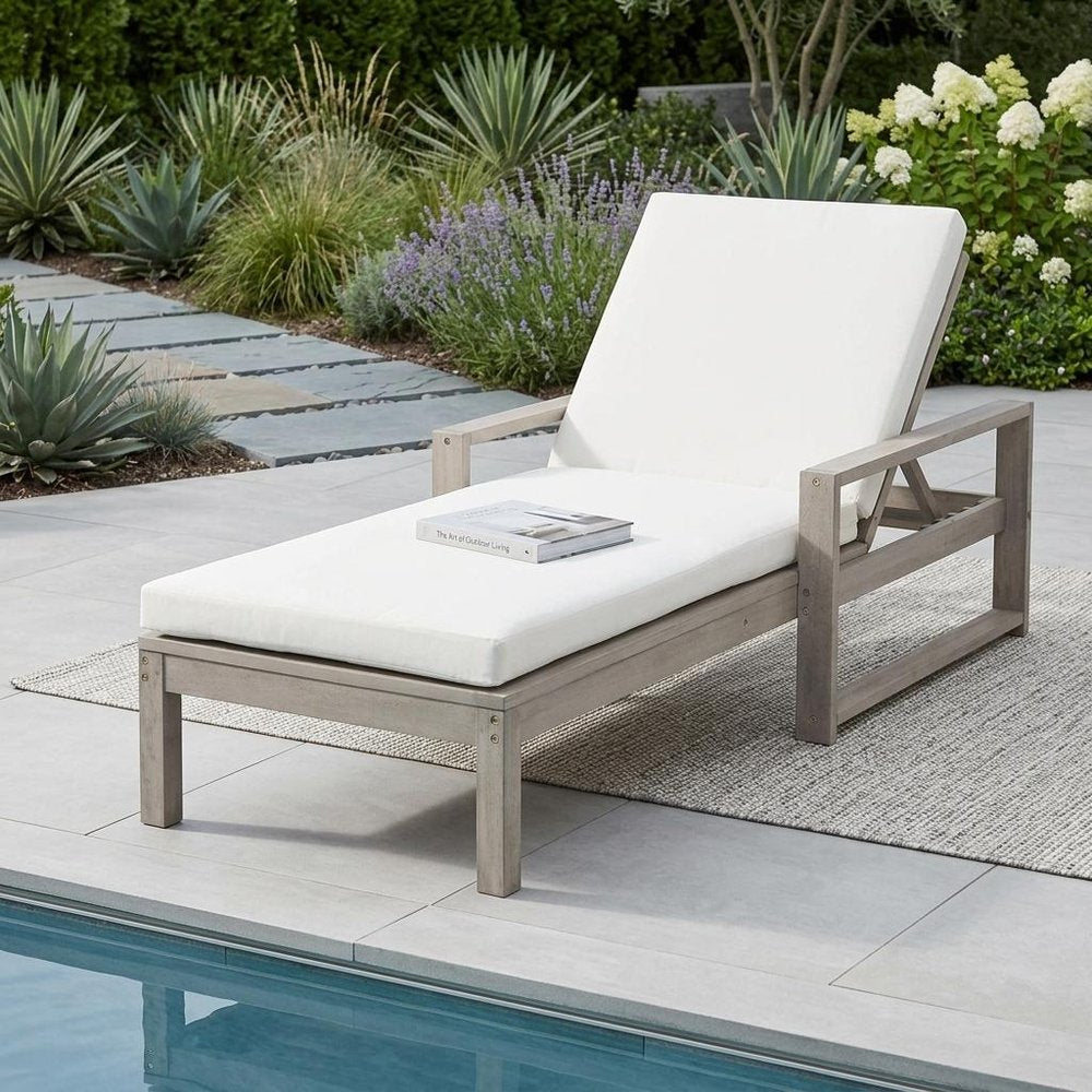 Gray Solid and Manufactured Wood Five Position Adjustable Outdoor Chaise Lounge with White Cushion