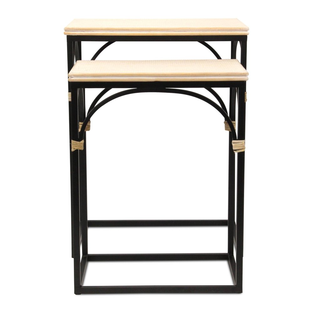 Set of Two Light Brown and Black Distressed Solid Wood and Steel Frame Nested Tables