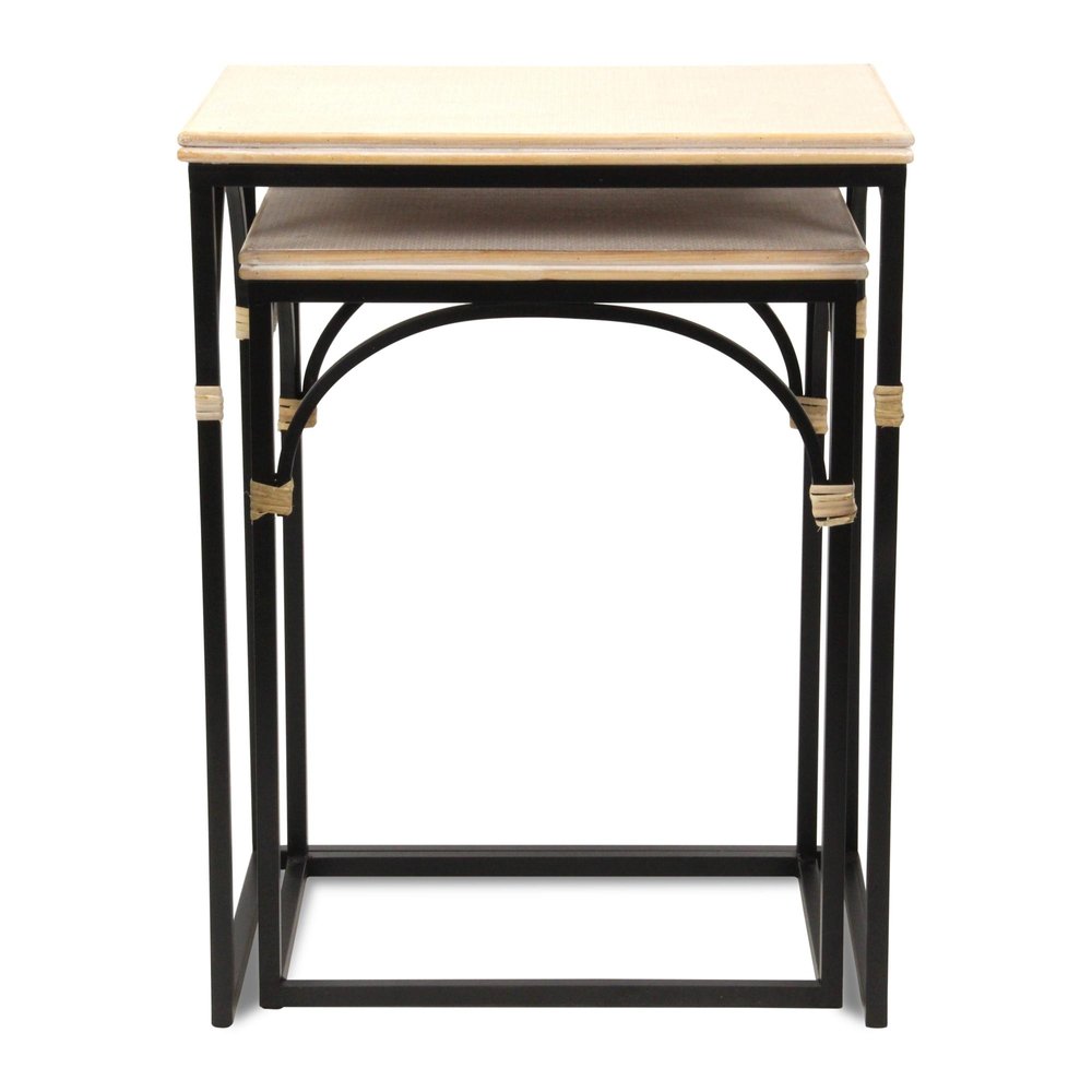 Set of Two Light Brown and Black Distressed Solid Wood and Steel Frame Nested Tables
