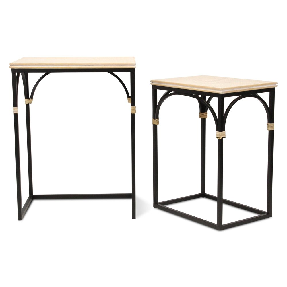 Set of Two Light Brown and Black Distressed Solid Wood and Steel Frame Nested Tables