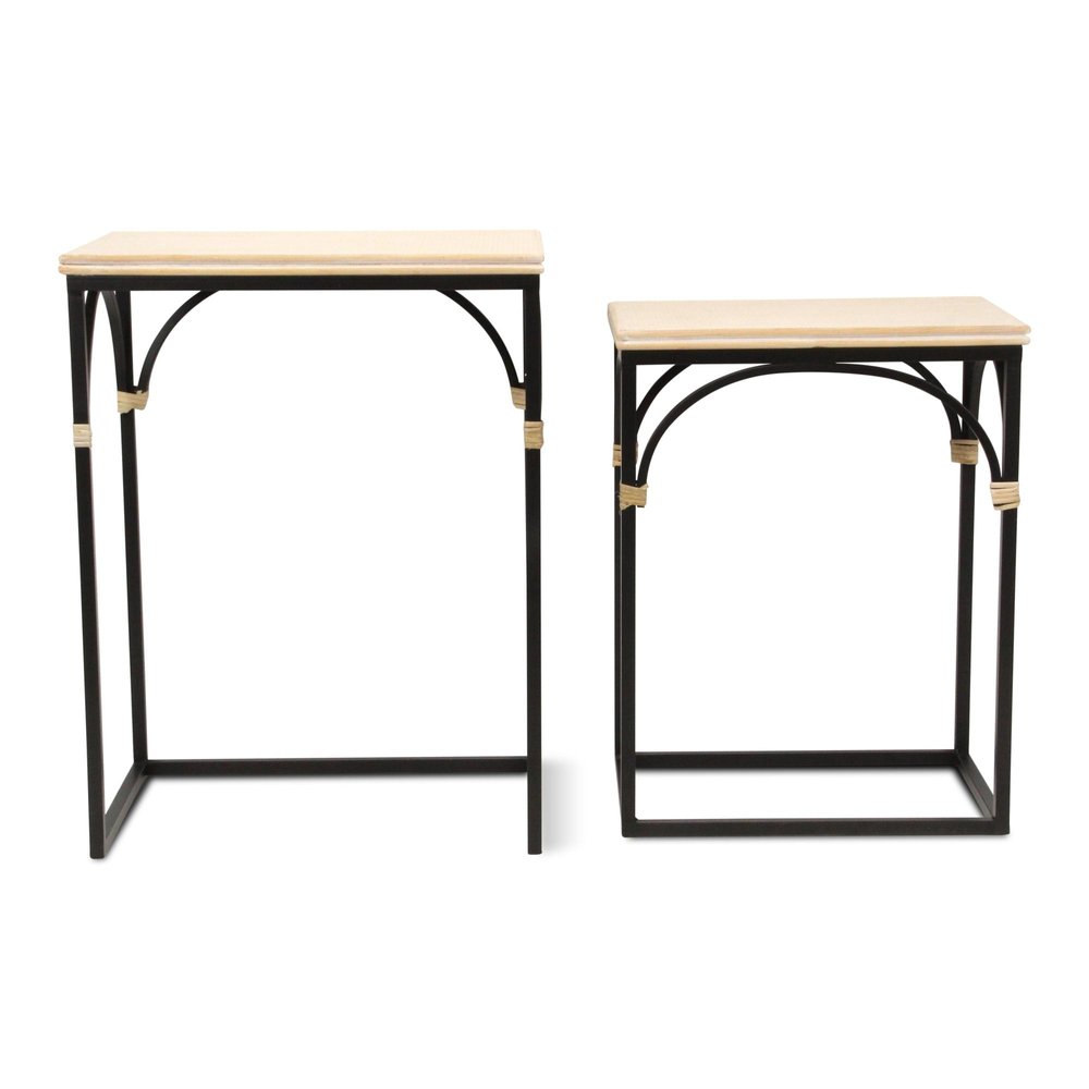 Set of Two Light Brown and Black Distressed Solid Wood and Steel Frame Nested Tables