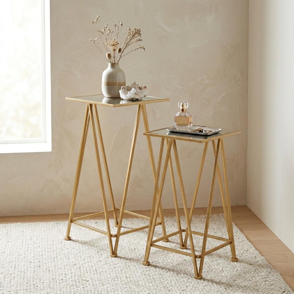 Set of Two Silver and Gold Mirrored Glass and Steel Square Frame Nested Tables