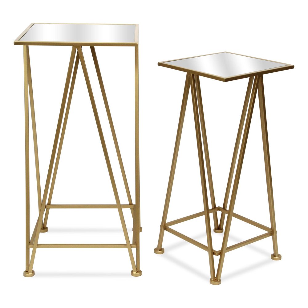 Set of Two Silver and Gold Mirrored Glass and Steel Square Frame Nested Tables