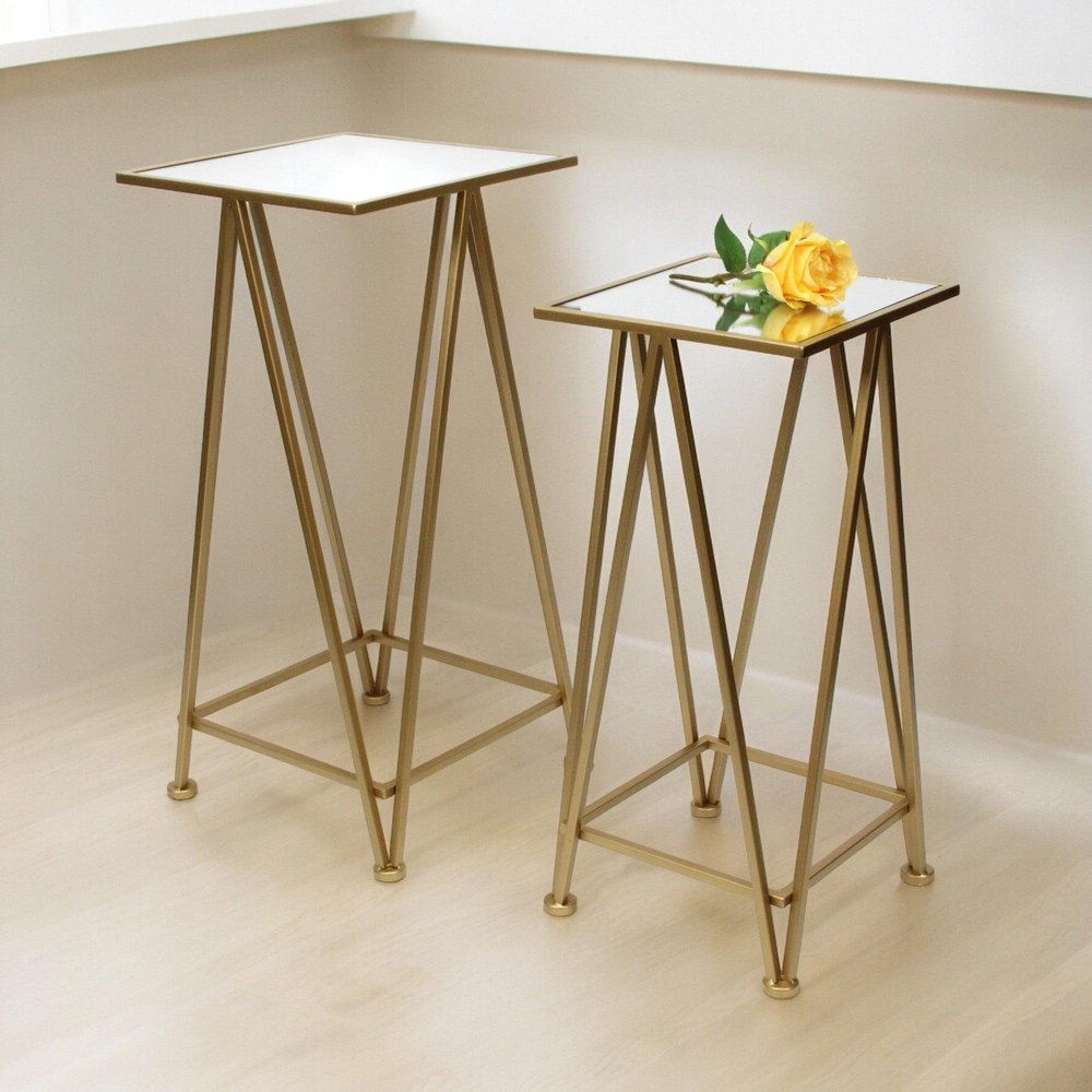 Set of Two Silver and Gold Mirrored Glass and Steel Square Frame Nested Tables