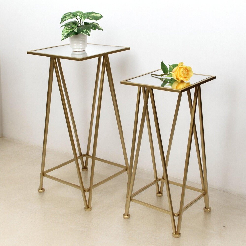 Set of Two Silver and Gold Mirrored Glass and Steel Square Frame Nested Tables