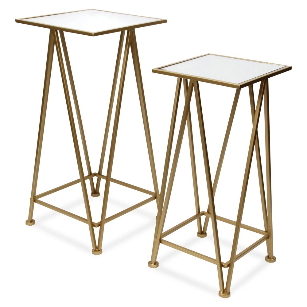 Set of Two Silver and Gold Mirrored Glass and Steel Square Frame Nested Tables