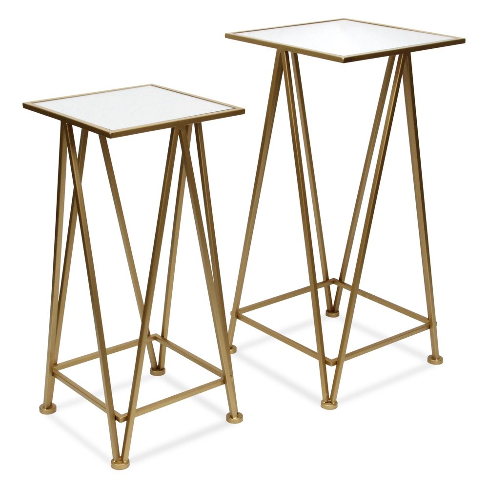 Set of Two Silver and Gold Mirrored Glass and Steel Square Frame Nested Tables