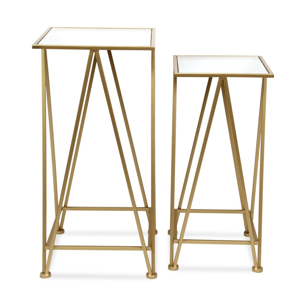 Set of Two Silver and Gold Mirrored Glass and Steel Square Frame Nested Tables