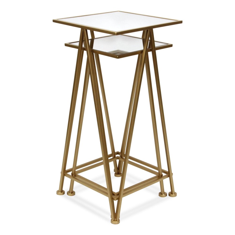 Set of Two Silver and Gold Mirrored Glass and Steel Square Frame Nested Tables