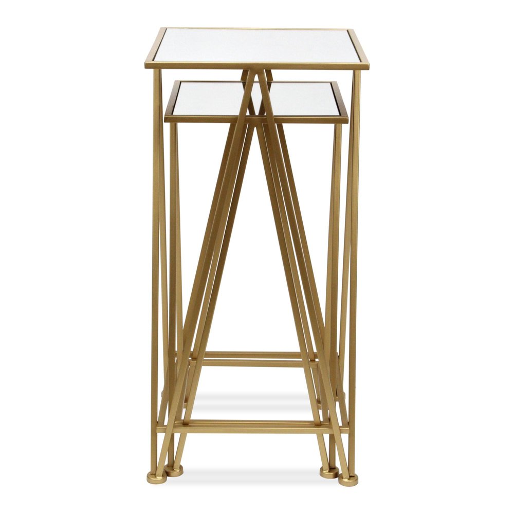 Set of Two Silver and Gold Mirrored Glass and Steel Square Frame Nested Tables
